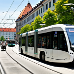 A bustling city street in Munich, Germany, showcasing modern trams and buses seamlessly integrated with cyclists and pedestrians. The scene emphasizes real-time data displays on public transport vehicles, illustrating dynamic scheduling and route optimization. In the background, energy-efficient buildings with solar panels demonstrate smart grids and optimized energy consumption.