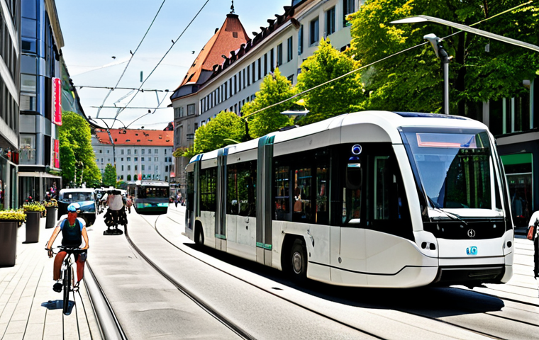 A bustling city street in Munich, Germany, showcasing modern trams and buses seamlessly integrated with cyclists and pedestrians. The scene emphasizes real-time data displays on public transport vehicles, illustrating dynamic scheduling and route optimization. In the background, energy-efficient buildings with solar panels demonstrate smart grids and optimized energy consumption.