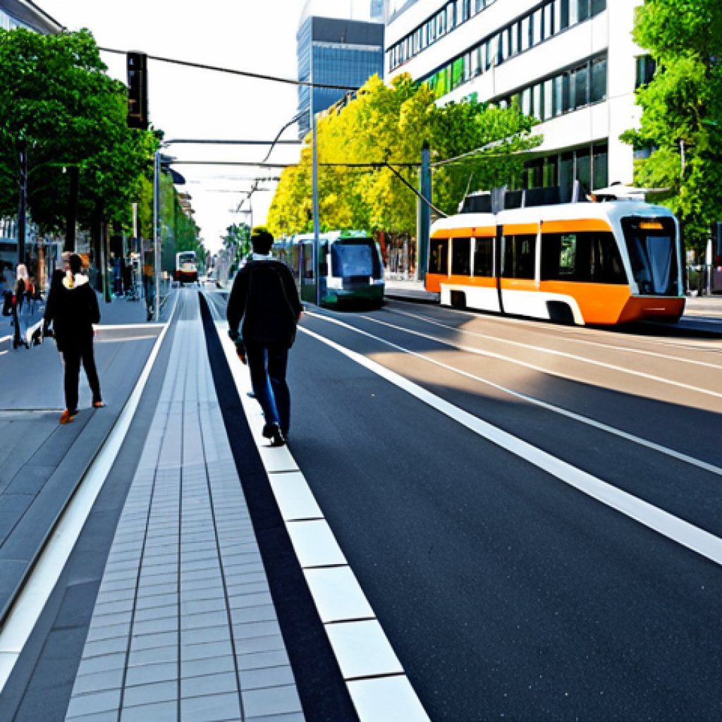 **
"A bustling city intersection with a modern tram receiving priority at a smart traffic light, bicycles in dedicated lanes, and a cyclist checking a mobile app for multimodal transportation options. Background includes modern architecture and green spaces. Fully clothed pedestrians are present. Safe for work, appropriate content, fully clothed, professional, perfect anatomy, correct proportions, natural pose, high quality, professional photography, well-formed hands, proper finger count, natural body proportions, family-friendly."
**