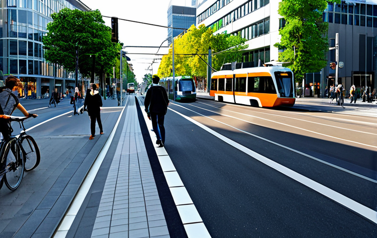 **

"A bustling city intersection with a modern tram receiving priority at a smart traffic light, bicycles in dedicated lanes, and a cyclist checking a mobile app for multimodal transportation options. Background includes modern architecture and green spaces. Fully clothed pedestrians are present. Safe for work, appropriate content, fully clothed, professional, perfect anatomy, correct proportions, natural pose, high quality, professional photography, well-formed hands, proper finger count, natural body proportions, family-friendly."

**