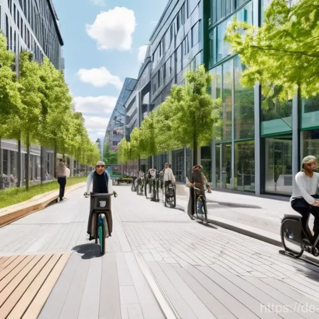 도시설계 사례 연구 - A bustling, futuristic urban street in a modern German city, seamlessly integrating advanced smart m...