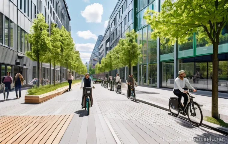 도시설계 사례 연구 - A bustling, futuristic urban street in a modern German city, seamlessly integrating advanced smart m...