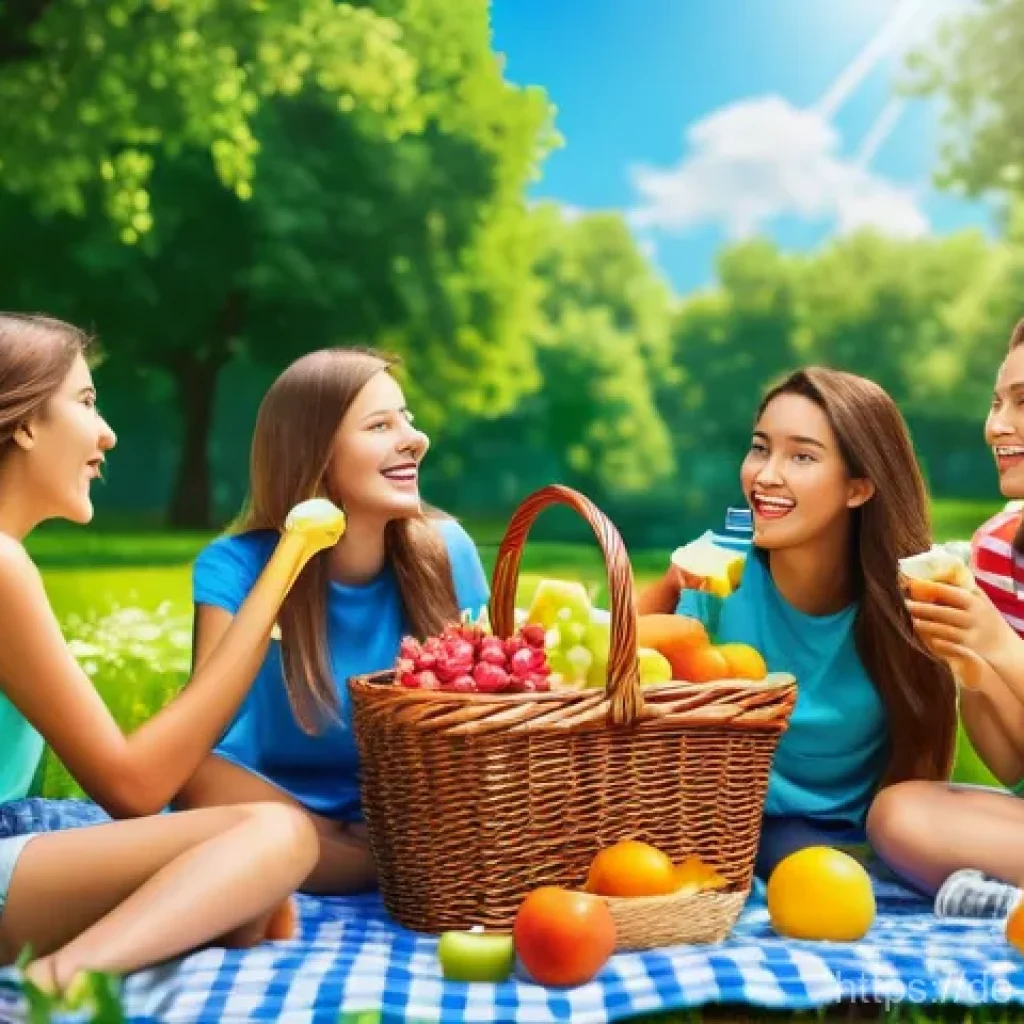 도시환경계획 - **Prompt 1: "A cheerful group of diverse teenagers, laughing and sharing snacks during a vibrant out...