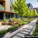 지구단위계획 - **Green Urban Oasis: A Thriving Sustainable District**
    A wide-angle, vibrant photograph showcasi...