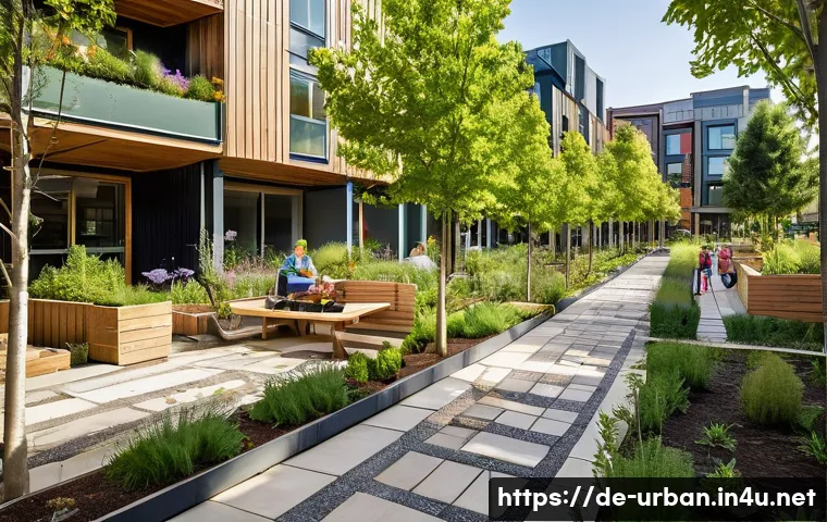 지구단위계획 - **Green Urban Oasis: A Thriving Sustainable District**
    A wide-angle, vibrant photograph showcasi...