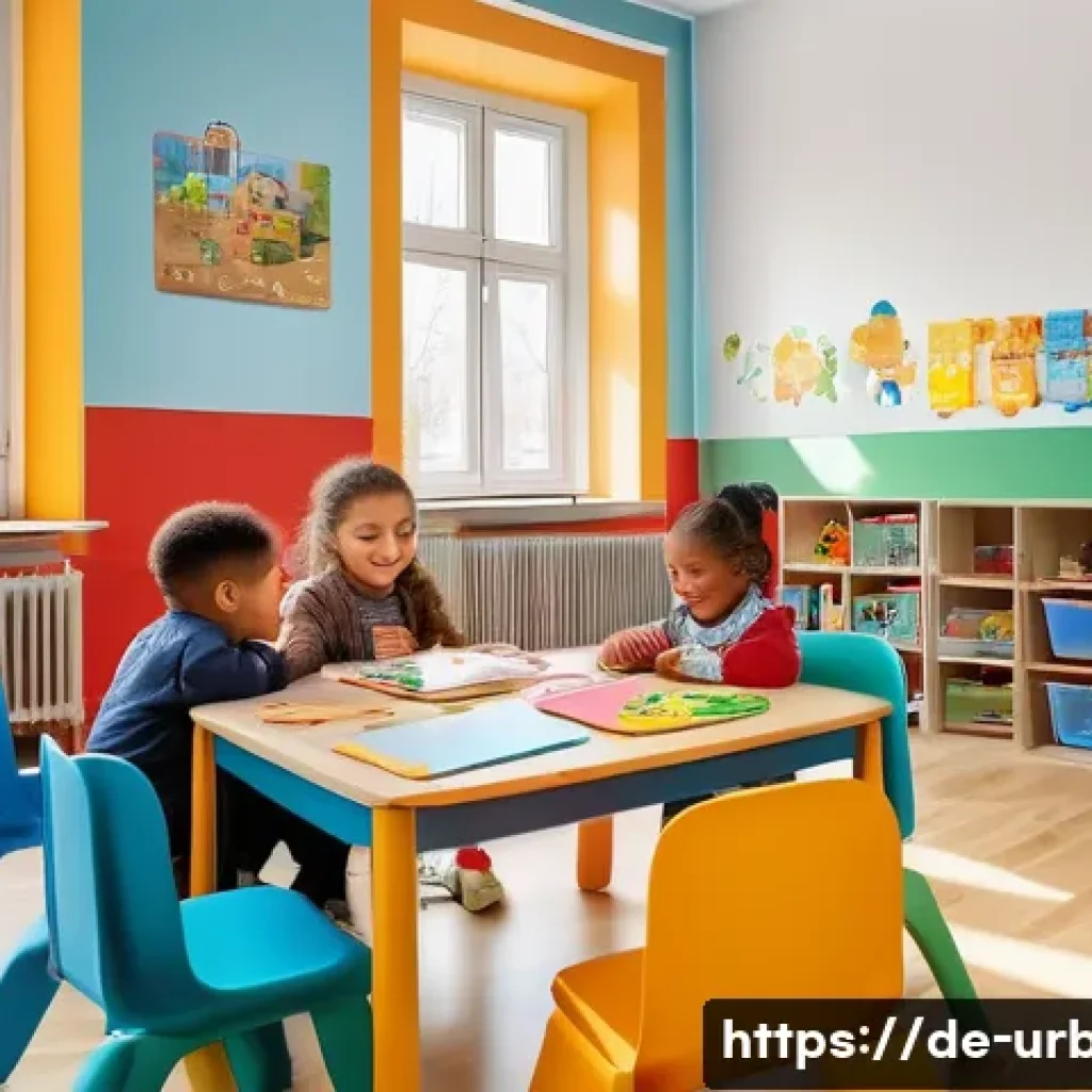도시 불평등 해소 방안 - A vibrant urban preschool classroom in a socially disadvantaged Berlin neighborhood, showing diverse...