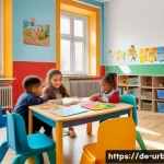 도시 불평등 해소 방안 - A vibrant urban preschool classroom in a socially disadvantaged Berlin neighborhood, showing diverse...