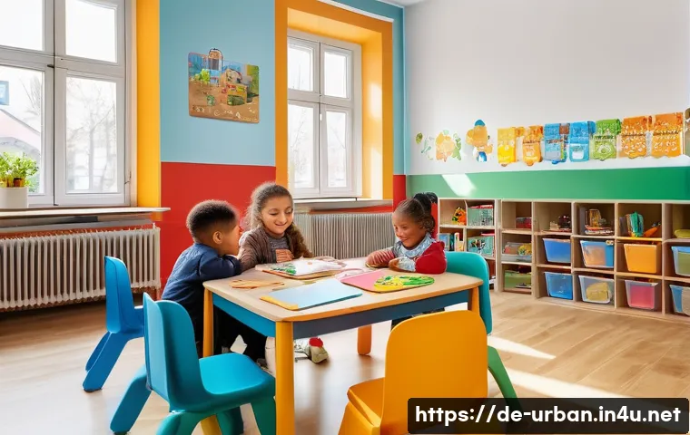 도시 불평등 해소 방안 - A vibrant urban preschool classroom in a socially disadvantaged Berlin neighborhood, showing diverse...