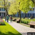 도시재생 뉴딜정책 - A vibrant urban park scene in a German city during spring, featuring diverse greenery such as trees,...