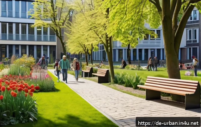 도시재생 뉴딜정책 - A vibrant urban park scene in a German city during spring, featuring diverse greenery such as trees,...