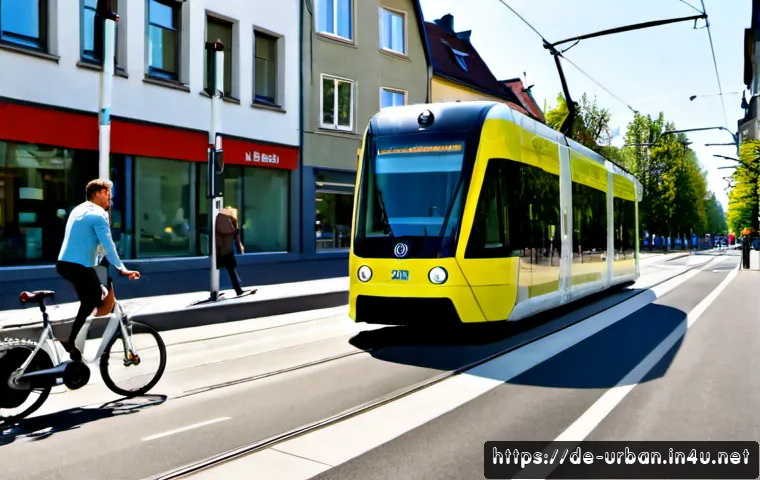 스마트시티 기술 - Photorealistic smart city street in a modern German urban district, electric tram gliding beside a p...