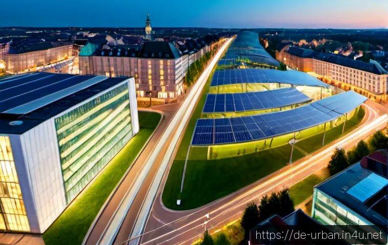 도시 디지털트윈 기술 - Photorealistic aerial view of a modern German city district at blue hour, recognizable European arch...