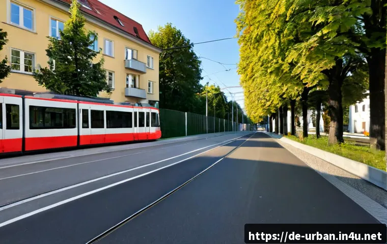 Home 17 도시소음 저감 대책 - Photorealistic street-level view of a quiet residential neighborhood in Munich, Germany, featuring a...